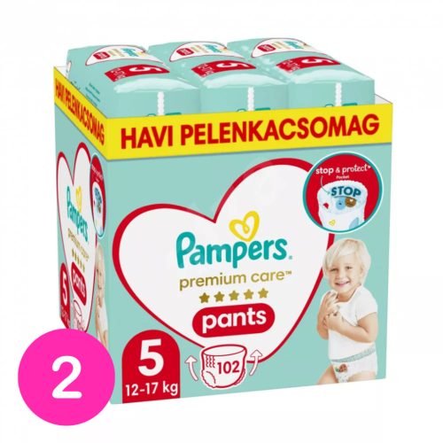 Pampers Premium Care Pants bugyipelenka 5, 12-17 kg HAVI PELENKACSOMAG 204 db