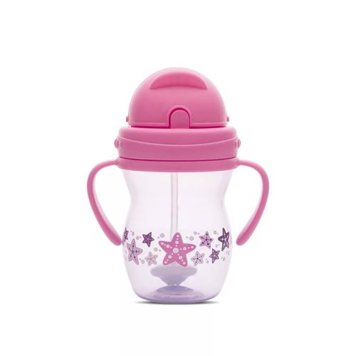 Baby Care szívószálas itató fogantyúval 275ml - Pink/Purple